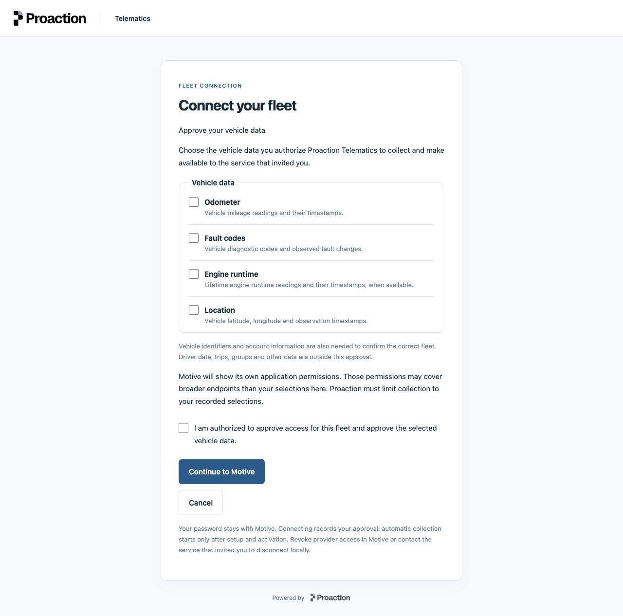 Proaction Motive OAuth approval screen with unchecked vehicle signals and Continue to Motive.