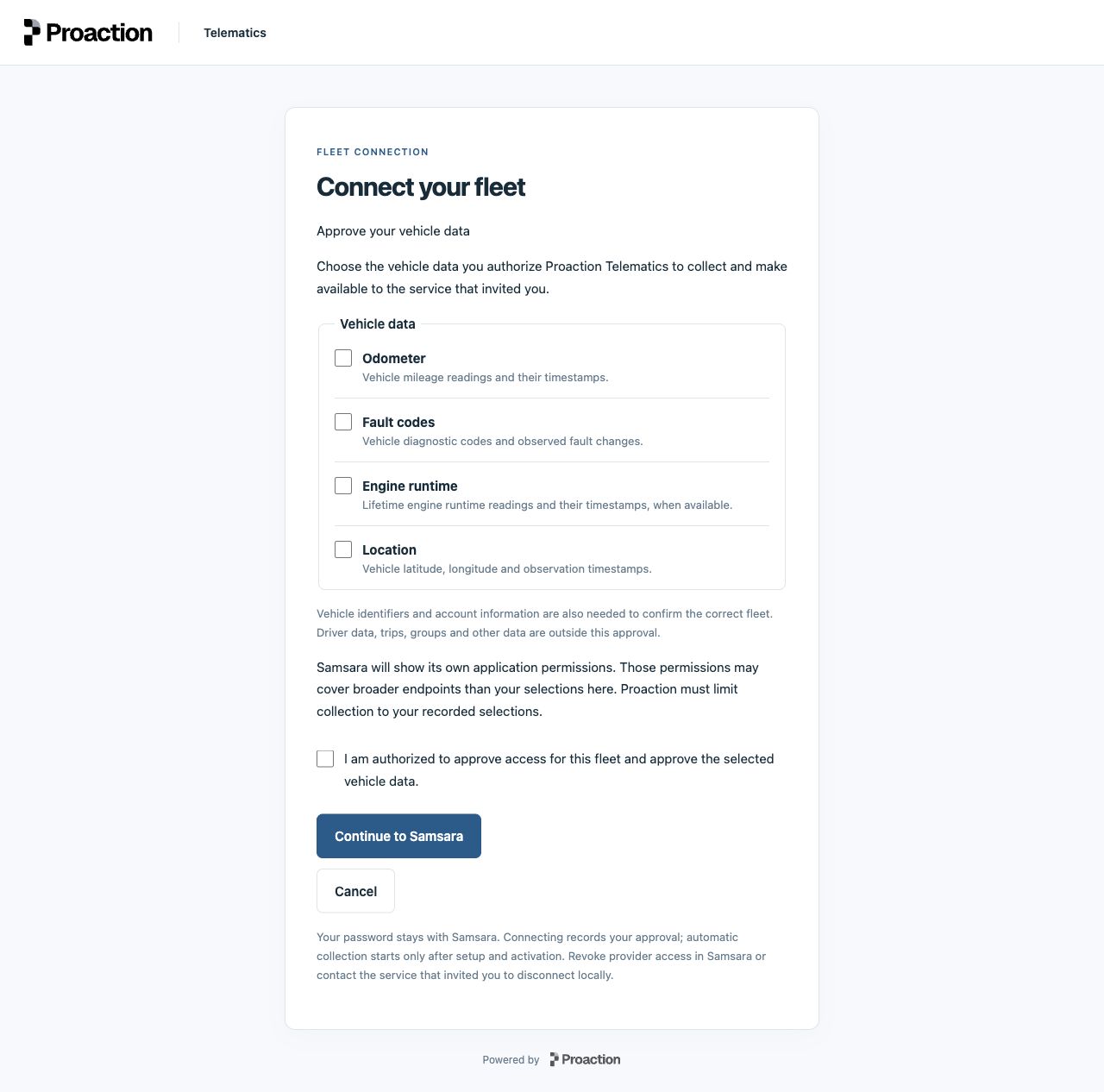 Proaction Samsara OAuth approval screen with unchecked vehicle signals and Continue to Samsara.